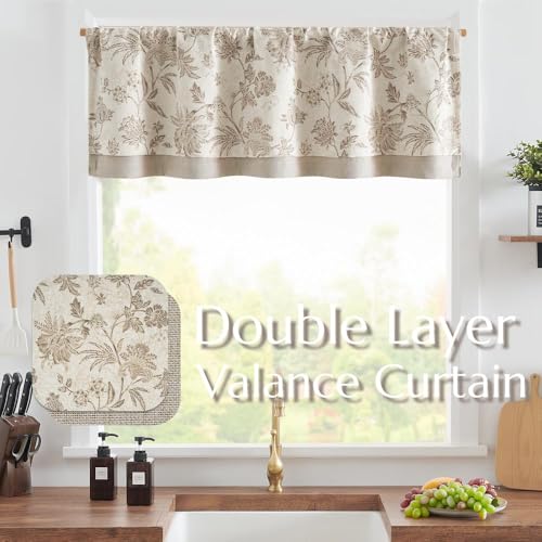 jinchan Floral Valance Curtain Linen 16 Inch Farmhouse 1 Panel Taupe - color: Jacobean | Taupe, size: 50"W x 16"L (Pack of 1)