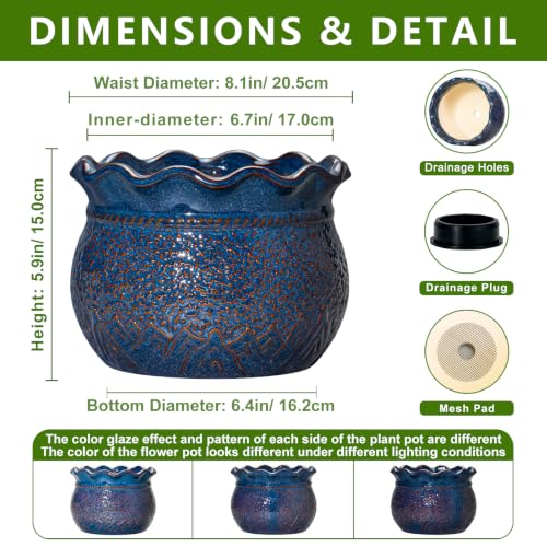 8 Inch Plant Pot, Ceramic Planter for Indoor Plants, Retro Blue - color: Retro Blue, size: 8 Inch