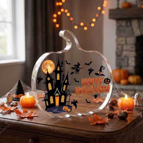 Pumpkin Shaped Acrylic Tabletop Sign, Happy Halloween Standing Decor