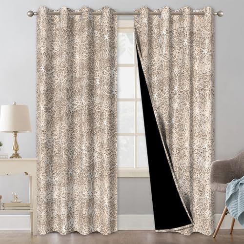 Abstract Floral Patterned Blackout Curtains for Bedroom and Living Room, Farmhouse Summer Thermal Insulated Curtains 84 Inch Length 2 Panels Set, Room Darkening Soundproof Curtains with Two Tiebacks - color: Beige Line Floral