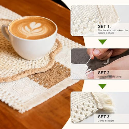 6pc Sunflower Rattan Placemat Set, Woven Boho Table Mats, Natural - color: Beige-set of 6
