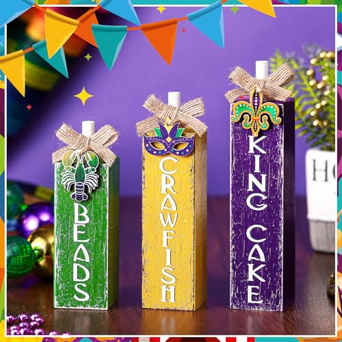 MiniInflat Mardi Gras 3 Pcs Table Decor, Wooden Block Sign Tiered Tray - style: Mardi Gras