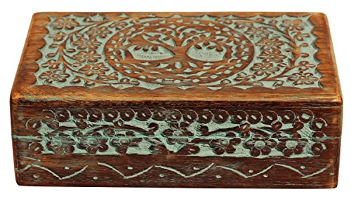ETROVES Carved Wooden Box - Keepsake Storage with Lid, 8 Inch, Turquoise - color: Tree of life.