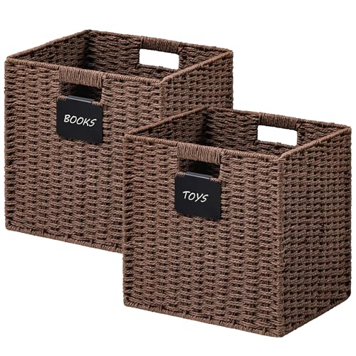 UBBCARE 2 Pack Wicker Basket, 13×13 Storage Cubes with Label, Foldable Cube Storage Bin with Handle, Square Storage Basket for Shelves, Woven Paper Rope Basket for Organizing, Brown - color: Brown, size: 2pack-13L×13H×12.2W