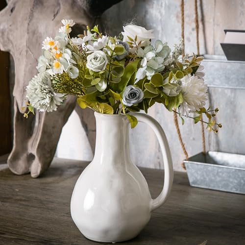 Tanvecle White Ceramic Vase with Big Handles, Modern Farmhouse Decor, Rustic Pottery for Flowers, Decorative Terracotta Centerpiece for Dining Table