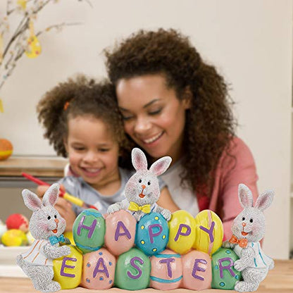 DR.DUDU Easter Decorations Eggs Bunny, Hand-Painted Resin Tabletop Centerpiece, Decor Bunny Figurine for Home Room Table Office Party (Happy Easter)