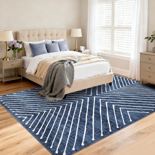 ROYHOME Large Washable Area Rug 6x9 Modern Geometric Striped Soft Carpet - color: Navy, size: 6' x 9' (Rectangular)