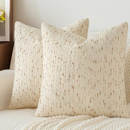 Boho Throw Pillow Covers 20 x 20 in Set of 2 - Neutral Farmhouse Meteor Style Fabric Textured Decorative Cushion Case Striped Square Pillowcase for Sofa, Couch, Beige and Brown - size: 20" x 20" (Pack of 2)