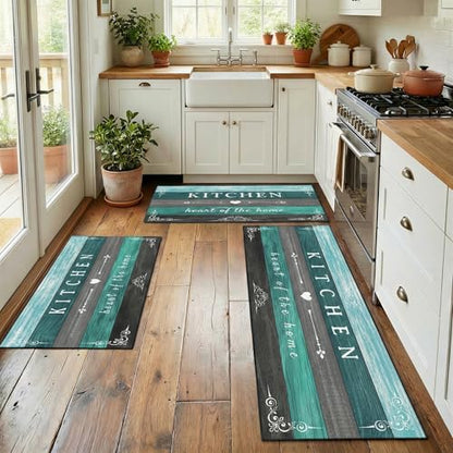 Kitchen Rugs Sets of 3 Non Slip Washable Mats for Floor, Wooden - color: Turquoise Teal Wooden