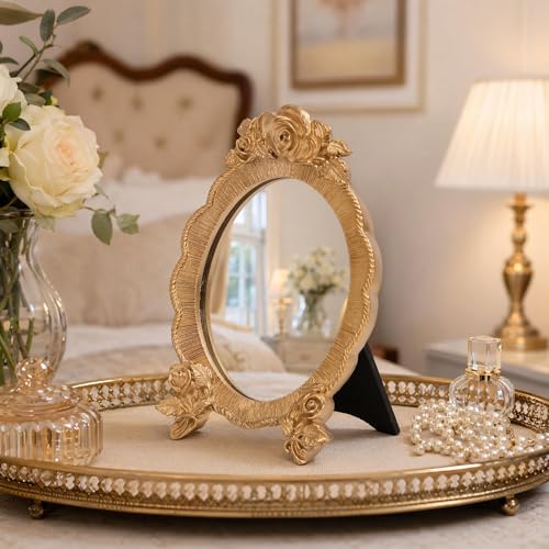 HEALLILY Oval Resin Makeup Mirror Portable European Style Handheld Cosmetic Mirror with Rose Relief Frame Lightweight for Vanity and Travel