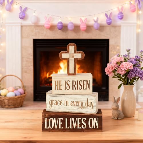 Easter Decorations - He Is Risen Cross Tiered Tray Decor - Religious Easter Wooden Tabletop Sign - Faith Farmhouse Easter Home Decor for Shelf Mantel Indoor - Spring Home Decor for Living Room, Kitchen Counter - style: Cross