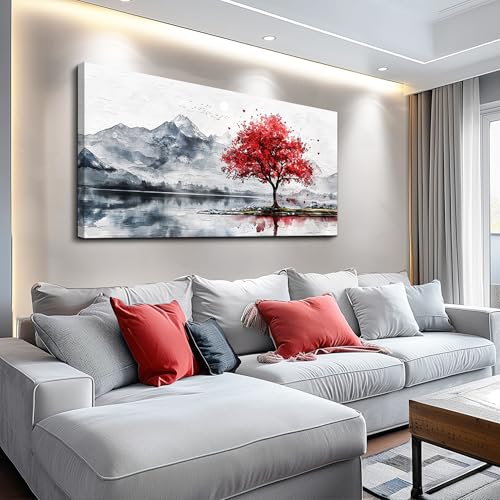 MHARTK66 Large Red Tree Mountain Canvas Wall Art for Living Room,24x48 Inch - color: Red Tree, size: 48"L x 24"W
