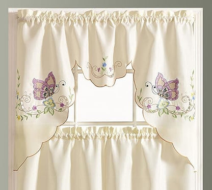 GOHD Dancing Butterfly 3pcs Embroidery Cafe Curtains with cutworks,Lavender - color: Lavender