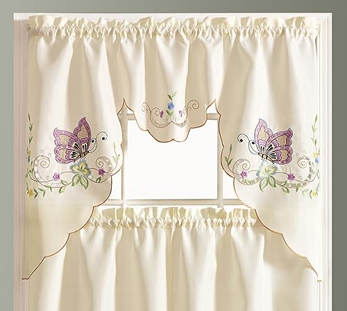 GOHD Dancing Butterfly 3pcs Embroidery Cafe Curtains with cutworks,Lavender - color: Lavender