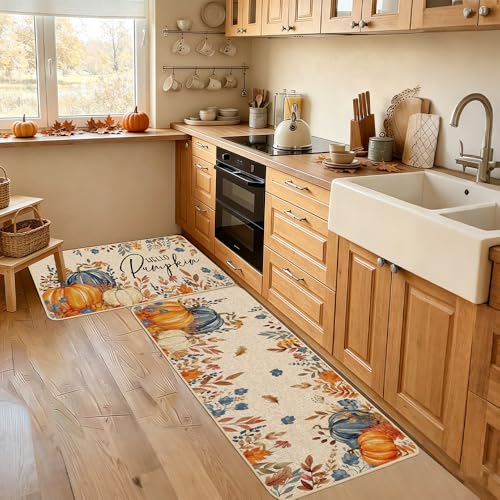 Baccessor Fall Pumpkin Kitchen Rugs Set of 2, 17x29 and 17x47 Inch - color: Blue Floral