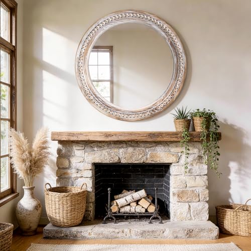 27 Inch Wooden Round Beaded Wall Mirror,Farmhouse Wood Round Mirror - color: Natural