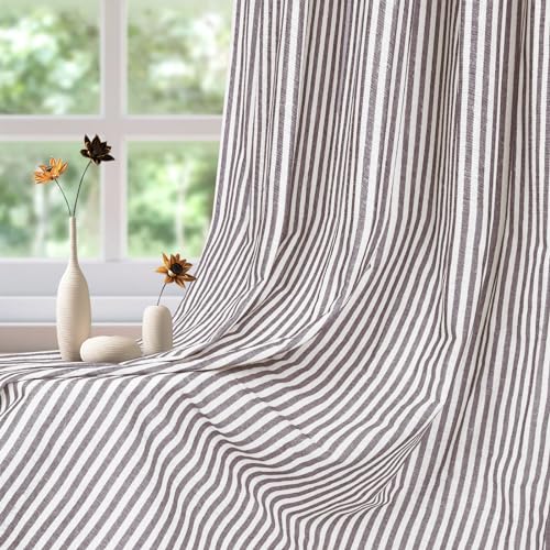 ASPMIZ Cotton Linen Farmhouse Curtains Boho Rustic Button Panel, Country Window Curtain & Drapes, Brown Stripe Modern Curtains for Living Room, Back Tab & Rod Pocket Curtain 52 x 84 Inch, 2 Panels - color: Beige&brown, size: 52"W x 84"L (Pack of 2)