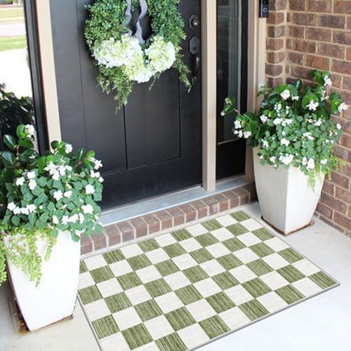 Front Door Mat Outside Entrance 2x3 Green White Checkered Rug - color: Checkered - Green / White, size: 2' x 3' (Rectangular)