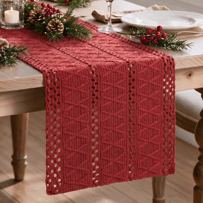 Artoid Mode Rose Red Woven Farmhouse Hollow Table Runner 12x36 Inch - color: Rose Red, size: 12" x 36", Table Runner