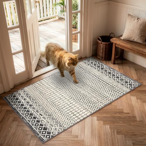2x4 Washable Rugs for Entryway, Black Boho Bathroom Runner Rug - color: Black, size: 2' x 4' (Rectangular)