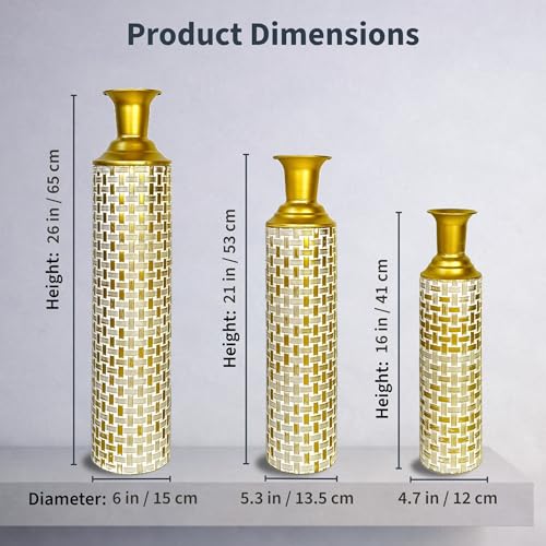 Leewadee Set of 3 Large Floor Vases Metal for Pampas Grass - color: Gold, White