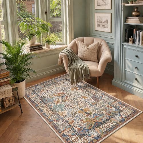 3x5 Washable Area Rug Floral Animals Print Beige Indoor Carpet - color: Beige, size: 3' x 5' (Rectangular)