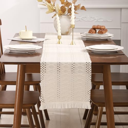 120 Boho Table Runner with Fringe Beige Stripe Fall Decor - color: Beige Stripes