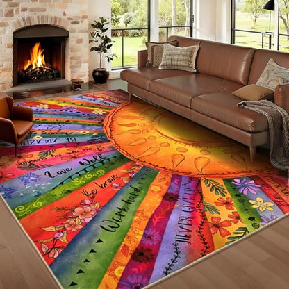 Likiyol Sun Area Rug 3x5 Rugs for Bedroom, Non Slip Washable Rugs for Living Room Soft Faux Cashmere Inspirational Bedroom Rug, Large Throw Rugs with Rubber Backing for Kids Room, Dining Room, Dorm - size: 3' x 5' (Rectangular)