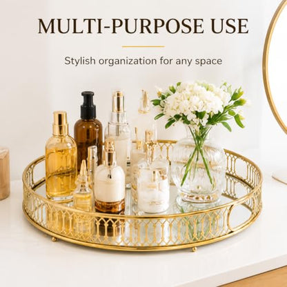 Bar Cart Tray, Round Decorative Mirrored Tray with Handles, Large Capacity Organizer, Gold