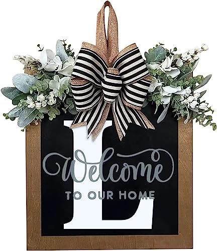 Last Name Year Round Front Door Wreath Front Porch Decoration 26 Letter Welcome Sign with Eucalyptus Garland and Bow Spring Wreaths for Front Door Outside Hanger Garland（L） - color: L