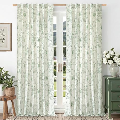 LAMIT 90 Inches Long Floral Linen Curtains for Living Room, Olive Green - color: Olive Green, size: 52"W x 90"L (Pack of 2)