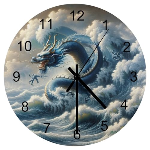 Dragon Wall Clock, Japan Style Medieval Magic Fantasy Sea Wave Dragon Wall Clocks Battery Operated Silent Non Ticking Round Wooden Clocks for Kitchen Bathroom Living Room 12 Inch - color: Dragon-3