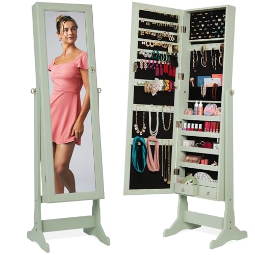 Best Choice Products Freestanding Jewelry Armoire Cabinet, Full Length Standing Mirror, Lockable Makeup Storage Organizer, w/Velvet Lining, 3 Angles, Lock, Accessory Pouch, 5 Shelves - Sage - color: Sage