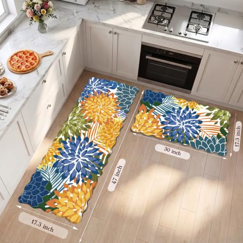 ZonLi Kitchen Mats for Floor 2PC Anti Fatigue Kitchen Rug Non Slip Washable - color: Blue Green, size: 17.3"x30"+17.3"x47"inch