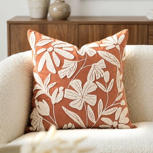 BlissBlush Throw Pillow Cover 20x20 Inch, Rust Terracotta Floral Tufted Velvet Decorative Accent Pillow Case for Sofa Bed Living Room, Cover Only - color: Orange Terracotta, size: 20" x 20" (Pack of 1)
