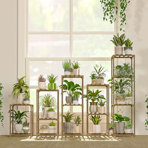Bamworld Plant Stands Indoor 5 Sets Plant Shelves Outdoor - color: Brown, size: 5 Sets