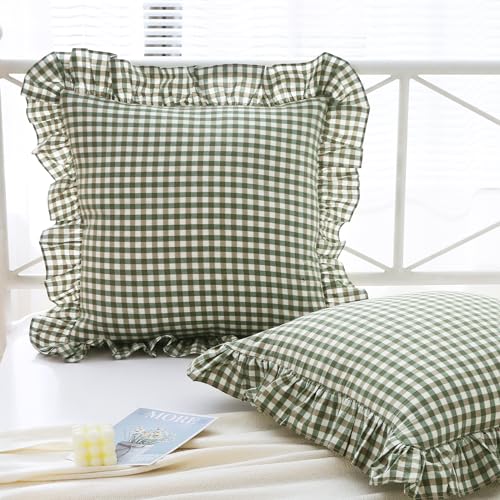 Mywinlle Sage Green Gingham Plaid Ruffle Throw Pillow Covers 18"x18" - color: Green Plaid, size: 18" x 18" (Pack of 2)