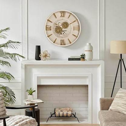 CLXEAST Mid Century Modern 24 Inch Moving Gear Walll Clock, Ivory &Gold - color: Modern Cream and Gold, size: 24 Inch