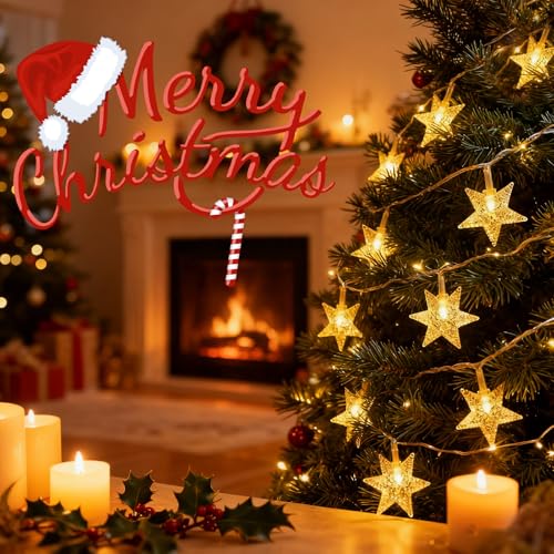 echosari 158IN Star String Lights Battery Operated Auto Timer Warm White - color: Warm White, size: Star