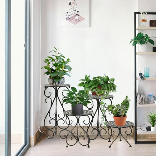 NAKUPE 4-Pack Metal Plant Stand for Indoor Outdoor, Heavy Duty Flower Pot Stands for Multiple Plants, Rustproof Iron Planter Holder Display Shelf for Patio Home Garden Porch Balcony(Black)