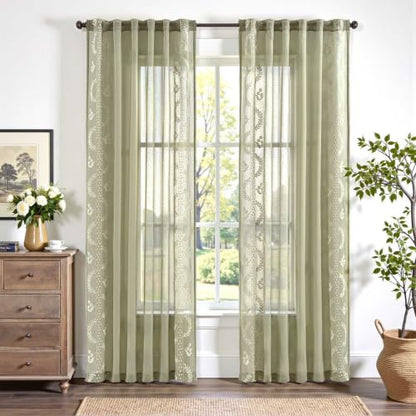 jinchan Floral Sheer Curtains, Back Tab 50x84 Inch, 2 Panels Green - color: S | Green, size: 50"W x 84"L (Pack of 2)