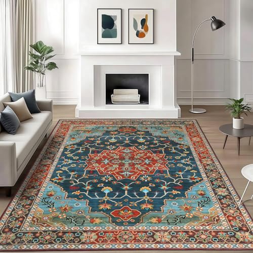 WILLSUN Washable Area Rugs, 5x7 Non-Slip Boho Large Area Rugs for Living Room, Bedroom, Machine Washable Vintage Rug, Indoor Floral Print Carpet for Home Decor, Kid & Pet Friendly Mat - color: Brick Red, size: 5' x 7' (Rectangular)
