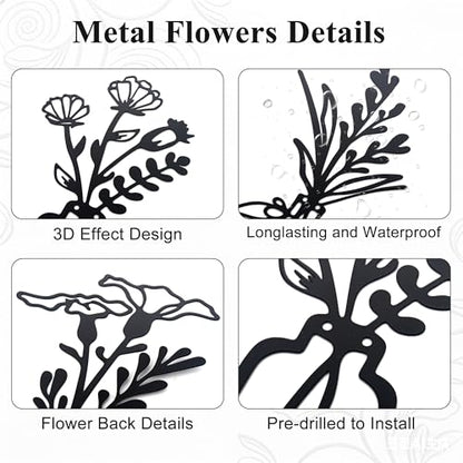 Embewhis Wall Decor Metal Flowers 3pcs, Rustic Farmhouse Flower Sculptures, 13.7" Wall Art Decor, Drill-Free Install Option for Living Room, Kitchen, Bedroom & Bathroom (M) - size: M