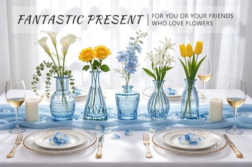 SUPMIND Blue Glass Bud Vases Set of 6, Small Flower Vases for Centerpieces - color: Blue