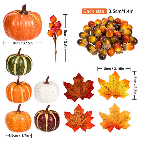 Whaline 160 Pcs Fall Decorations for Home Autumn Artificial Maple Leaves Harvest Pumpkins Gourds Acorns and Orange Berry Stems Set for Thanksgiving Halloween Home Table Decoration Party Backdrop