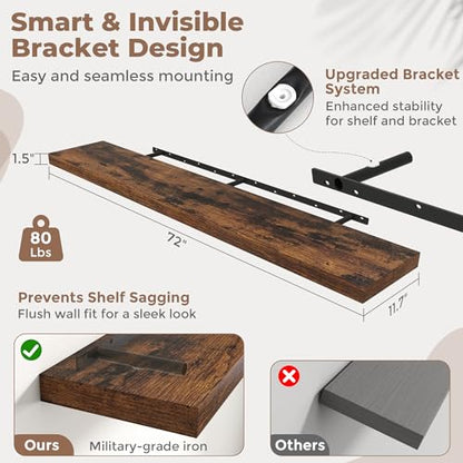 72 Inch Floating Shelves, 12"Deep Wall Shelf, 80 Lbs Capacity, Brown, 2pcs - color: Brown, size: 72"Wx12"Dx1.5"H