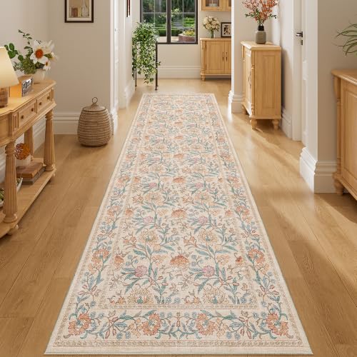 DUKINO 2.6x8 Runner Rug, Washable Vintage Floral Kitchen Runners Rug, Beige - color: Beige Peach, size: 2'6" x 8' (Rectangular)