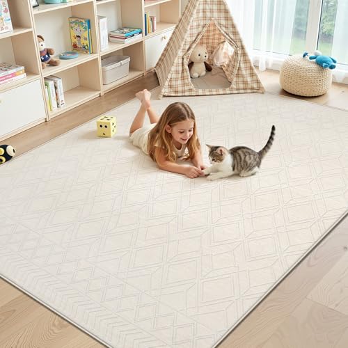 5x7 Area Rugs Washable Rug: Geometric Moroccan Farmhouse Rugs Large Living Room Rug Modern Neutral Soft Non-Slip Low Pile Printed Pattern Carpet for Bedroom Dining Room Nursery Office (Beige, 5'x7') - size: 5' x 7' (Rectangular)