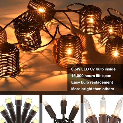 Natural Rattan String Lights, 10 Rustic Raffia Cage, 13 Ft Plug in & Connectable Wicker Lights,Black Rattan - color: Black Rattan