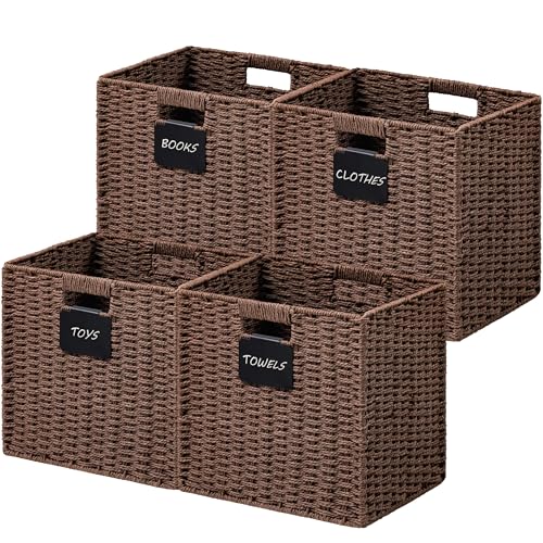 UBBCARE 4 Pack Wicker Basket, 12×12 Storage Cubes with Label, Foldable Cube Storage Bin with Handle, Square Storage Basket for Shelves, Woven Paper Rope Basket for Organizing, Brown - color: Brown, size: 4pack-12L×12H×11.2W